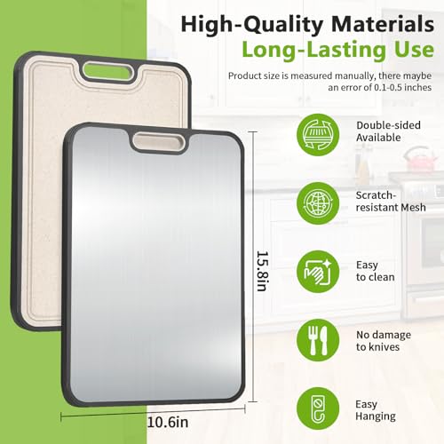 Tabla de cortar de acero inoxidable para cocina, reversible 304 acero inoxidable y paja de trigo, doble cara para picar carne y verduras, regalos de cocina fácil de limpiar miniatura 2