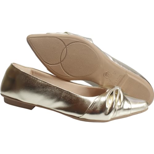 Sapatilha Feminina Bico Fino Rasteira Confortável Metalizado SP1.01 (Dourado, BR, Adulto, Numérico,