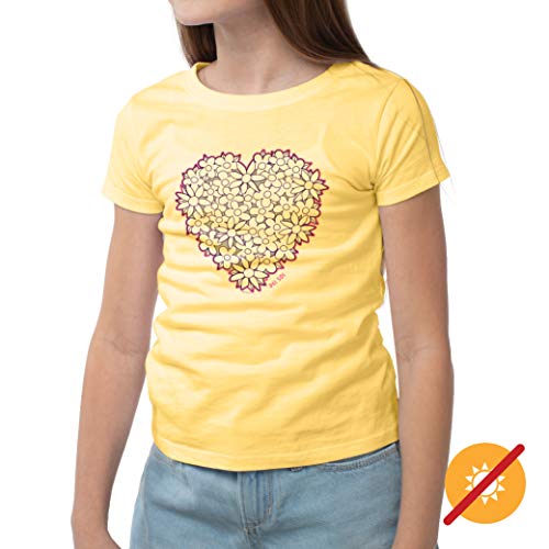 Del Sol Color Changing Youth Girls Crew Tee - I Heart Flowers, Butter, Size YXL4