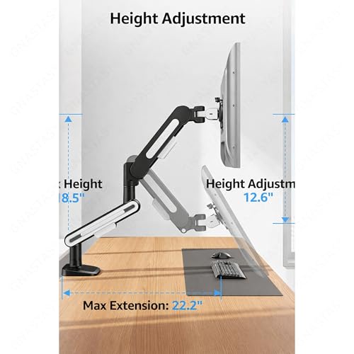 Image of Heavy Duty Single Monitor Arm Monitor Stand Gas Spring Desk Mount for 17-42 Inch Screens, Fully Adjustable, 2-12 kg, VESA 75x75 & 100x100 mm, C-Clamp & Grommet Base, Black & White