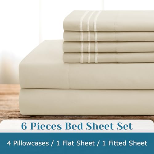 BYSURE 6 Pieces Bed Sheets Set with Pockets on Side(Full, Cream), Sweat-Wicking Breathable Sheets, 16-inch Super Soft Hotel Embroidered Microfiber Sheet Set — view 4