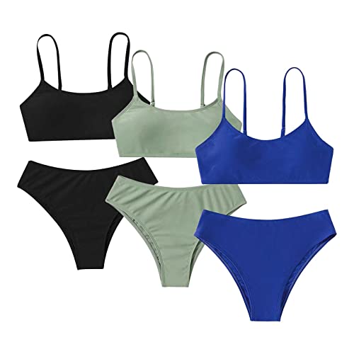 Girl's 2 Piece High Waisted Spaghetti Strap Cute Swimsuit Bathing Suit Solid Bikini Sets Swimwear for (Blue, 14 Years)