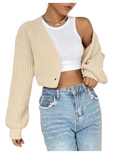SweatyRocks Women's V Neck Cropped Cardigan Button Up Lantern Long Sleeve Sweater Outwear