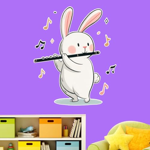 Image of Cute Bunny Playing Flute Wall Sticker | Cartoon Rabbit Self Adhesive Wall Decal for Kids Room, Nursery, Bedroom & Playroom Decoration