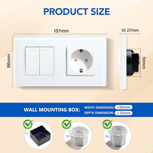 BSEED Lichtschalter Mit Steckdose 2 Fach 1 Weg - 10A Kristall Glas Platte Wandschalter Mit 16A Schuko Steckdose Weiß - Physische Unterputz Wandschalter 157mm
