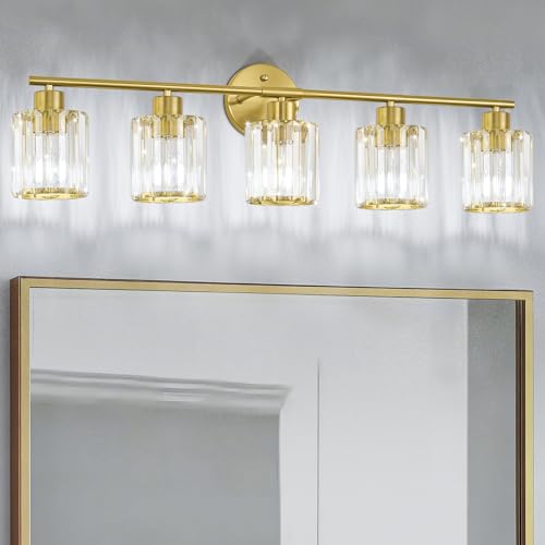 Image of Modern Gold Crystal Bathroom Light Fixtures,5-Light