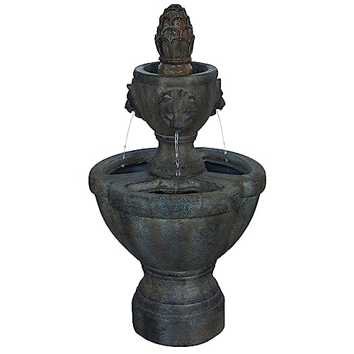 Outdoor Fountain – Polyresin 2-Tier Water Feature with Lion Head Details and Realistic Stone Appearance – Yard Art with Soothing Sound by Pure Garden