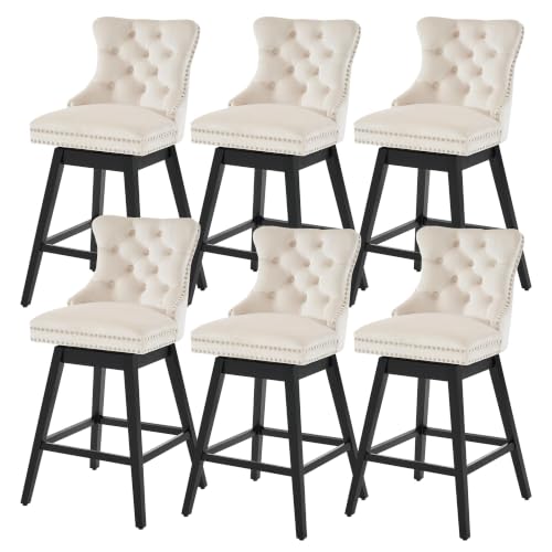 Image of Beige Swivel Bar Stools, Velvet Counter Height Bar Stools Set of 6 | 360 Swivel Bar Chairs, Solid Wood Legs, Upholstered Kitchen Island Stools, Modern Extra Wide Seat (Beige, 30 inch H, 6 Pack)