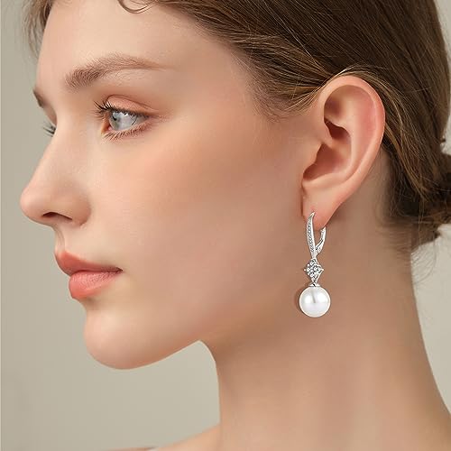Women Pearl Earrings 925 Sterling Silver Leverback Dangle Drop Earrings 5A Cubic Zirconia Dainty Pearl Jewelry Valentine's Day Anniversary Mother's Day Birthday Gifts for Her2