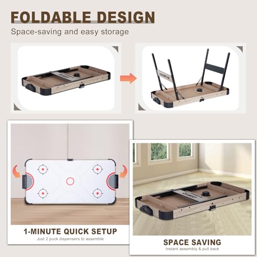 58 Inch Foldable Air Hockey Table, LED Folding Hockey Table Game Set w/2 Pucks, 2 Pushers, Powerful Motor, Hockey Table Gaming Set for Adults and Kids, Home Game Room (Oak) - Thumbnail 3