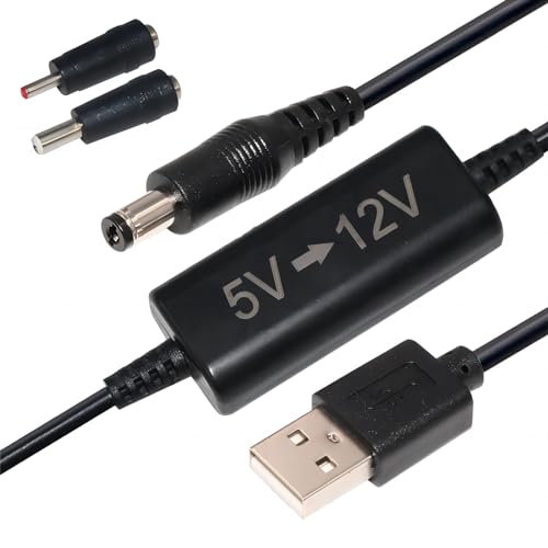 KUNCAN USB 5V to 12V DC - USB Voltage Step Up Converter Cable(12V 0.7A-1A), USB A to 12V DC 5.5 x 2.1mm Adapter with DC Jack 5.5 x 2.5mm & 3.5 x 1.35, 5 Ft 12 Volt DC Power Cable