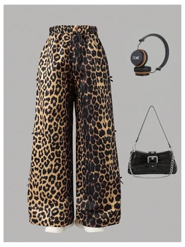 Floerns Girl's Leopard Bowknot Pants Y2K High Waisted Wide Leg Baggy Track Pants2