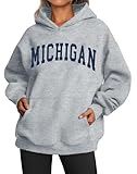 Avanova Women Michigan Graphic Hoodie Oversized Long Sleeve Pullover Sweatshirt Pockets Grey M Small