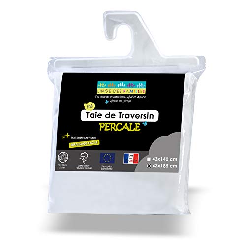 Linge des Familles - Taie 43x185 cm pour Traversin 140 cm - 100% Coton Percale - Blanc - Taie de Traversin à Nouer - Label Oeko-TEX® Standard 100 -...