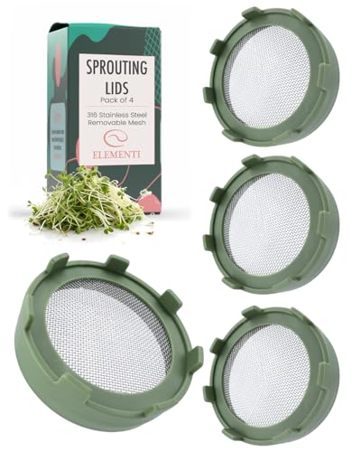 Elementi Sprouting Lids for Wide Mouth Mason Jars (Set of 4) Sprouting Jar Kit for Organic Alfalfa & Mung Bean Sprouts Growing Kit 316 Stainless Steel Mesh Screen Strainer Lid (Sage Green)