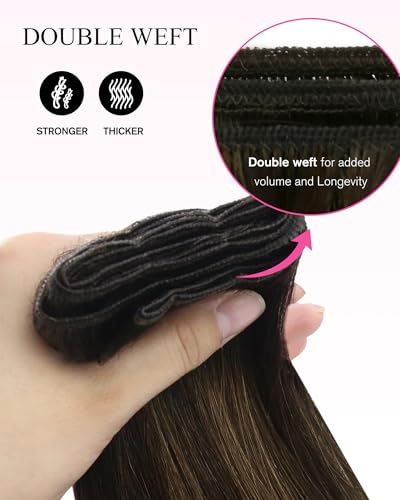 Image of YoungSee Human Hair Sew in Extensions Brown Balayage Weft Hair Extensions Real Human Hair Darkest with Medium Brown Balayage Sew in Hair Extensions Long Straight Hair 100g 22 Inch