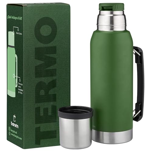 Bargrin Termo de Acero inoxidable 1 Litro - Ideal para Mate, Cafe, Té - Mantiene la temperatura 24hrs - Termo Acero Inoxidable - Yerba Mate - Libre BPA (Verde)