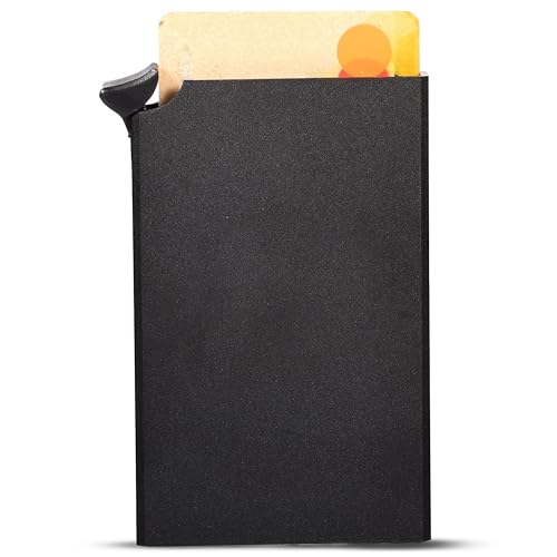 Image of VOGARD Slim RFID Card Wallet for Men & Women - Metal Minimalist Card Holder with Quick Access Button | Holds 5-6 Cards | Front Pocket Compact RFID Blocking Wallet (Black)