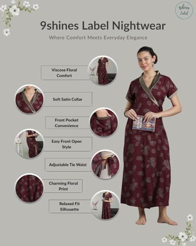 Image of 9shines Label Stylish Cotton Nighty Robe for Women | Front Open Floral Housecoat | Wrap Nighty with Pocket | Adjustable Waist Tie | Plus Size housecoat (HC-2026)