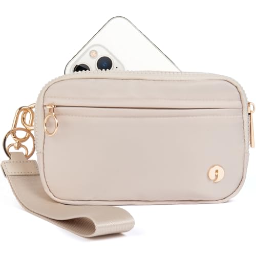 JEEBURYEE Wristlet Keychain Wallets for Women RFID Blocking Credit Card Holder Small Zipper Coin Phone Purse Change Pouch with ID Window and Detachable Wrist Strap Beige
