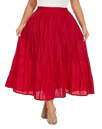 Beautybatik Women Cotton Plus Size Boho Gypsy Long Maxi Tier Skirt with Pockets XL to 3X3