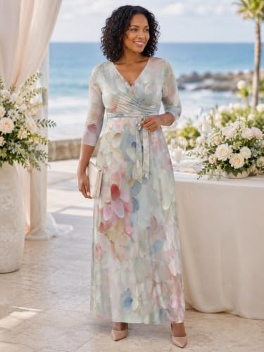 Image of SUZONANA Plus Size Dresses for Women Floral Print Maxi Dress Flowy 3 /4 Sleeve with Belt