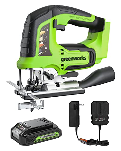 Greenworks 24V Jigsaw Brushless Cordless - 3000 SPM, 4 Orbital Settings, Variable Speed, with 2AH Battery and 2A Charger, 6PCS Blades for Wood & Metal