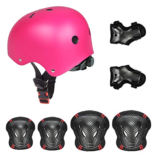 Besmall Adjustable Skateboard Skate Helmet With Protective Gear Knee Pads Elbow Pads Wrist Pads For Youth Outdoor Sports, Bmx, Skateboard, Scooter, Bike, Roller, Kid's Protective Gear Set Rose M #TOP4