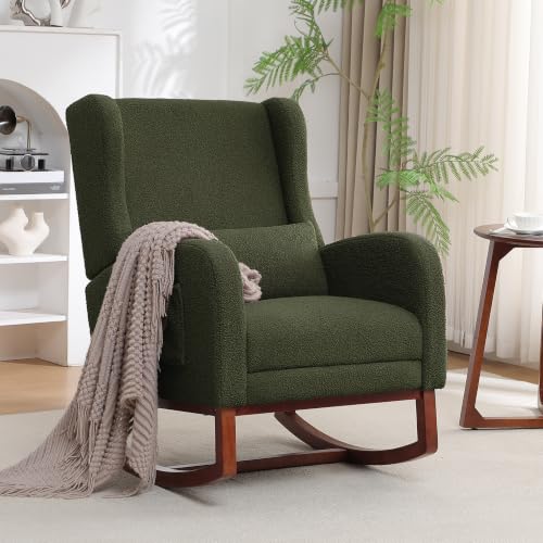Image of HCHAIRH Rocking Chair Nursery with Foot Rest, Wingback Nursery Rocking Chairs Sherpa Nursing Chairs Glider Rocker with Pillow for Living Room, Bedroom, Teddy Green