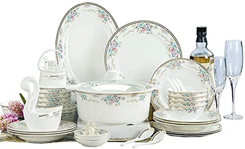 Elegante Juego de vajilla para Restaurante y hogar, Juego de vajilla de cerámica de 48 Piezas, Juego de Cuenco/Plato/Olla/Cuchara, Juego de vajilla con diseño Floral, Juego de vaji