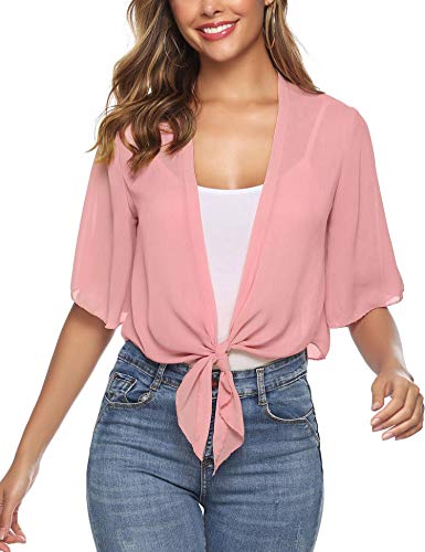 iClosam Women Half Sleeve Tie Front Chiffon Bolero Shrugs Open Front Cardigan (Pink, X-Large)