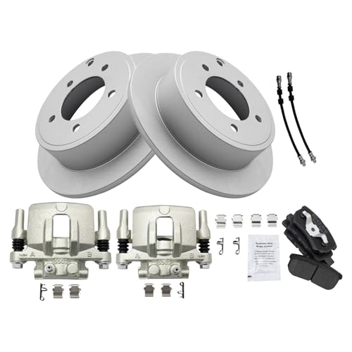 Image of TRQ Rear Brake Pad and Rotor Set Semi Metallic Coated Rotors Calipers Compatible with 2011-2014 Chrysler 200 2007-2010 Sebring 2008-2014 Dodge Avenger 2007-2017 Jeep Compass Patriot