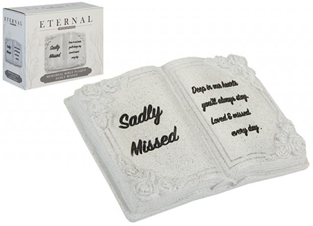 Quickdraw Supplies Memorial Grave Bible Plaque Sadly Missed Stone Effect Resin with Rose Detail Weatherproof Remembrance Tribute for Garden Headstone Plot Loved One or Pet Memorial Ornament