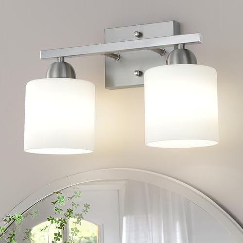 Image of Mecgirn Stainless Steel Milk Glass Vanity Lights for Bathroom, 2 Light Brushed Nickel Bathroom Light Fixtures Over Mirror, Ceramic E26 Sockets Wall Mounted