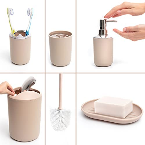 Moss & Stone PBTR-6P-BEI 6 Pcs Bathroom Accessories Set, Bathroom Decor Sets Includes Soap Dispenser, Toothbrush Holder, Toothbrush Cup, Soap Dish thumb #3