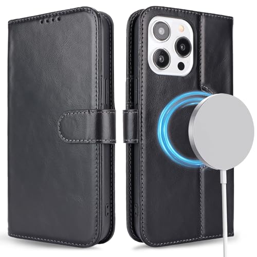Housse en cuir véritable iPhone 15 Pro Max pochette portefeuille noire rabat