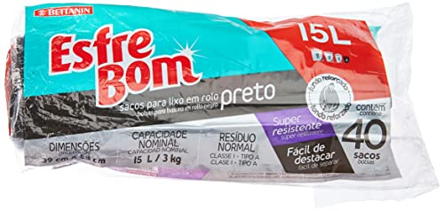 EsfreBom - Saco para Lixo Preta, Rolo com 40 Sacos de 15 Litros, Bettanin