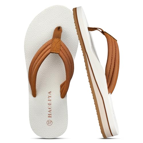 HAOLIRA Flip Flops for Women with Arch Support Comfortable Walking Thong Sandals Ladies Lightweight Ultra Soft Cushion Footbed Slip On Quick Dry for Summer Beach (Yellow/White 40/US 9)