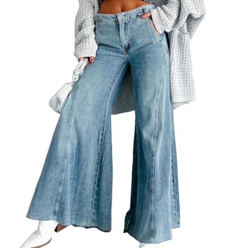 Women's Plus Size Wide Leg Jeans Trendy Distressed Mid Rise Casual Loose Denim Bell Bottom Pants