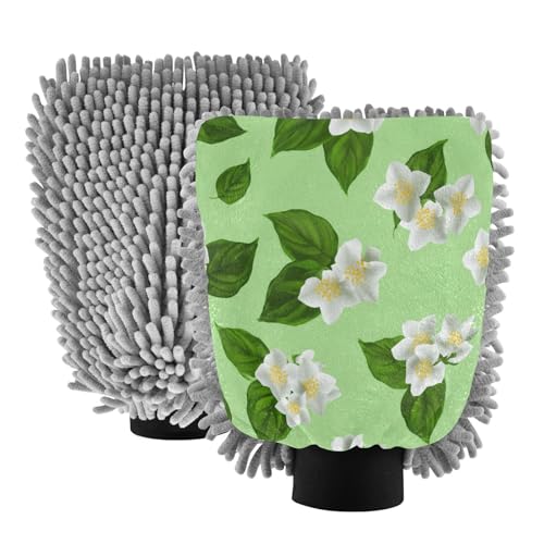 Kigai White Jasmine Flowers Car Wash Mitt Microfiber, 2Pcs Scratch Free Lint-Free, Premium Chenille Microfiber Mitt Car Wash Brush-L