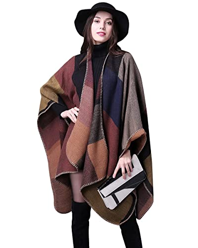Niwicee Poncho Damen Winter Warm Schal übergroße Open Front Hochwertiges Cape Strick Poncho Mantel Reisen Cape Herbstschal Winterschal Schal Frauen Geburtstag Geschenk Weihnachten(Braun) Cover