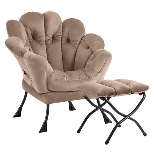 SESHINELL 2025 Lazy Chair with Ottoman, Cozy Butterfly Reading Chair Mid-Century Lounge Accent Chair with Footrest for Small Space Living Room, Bedroom, Office & Dorm Room, Velvet Khaki