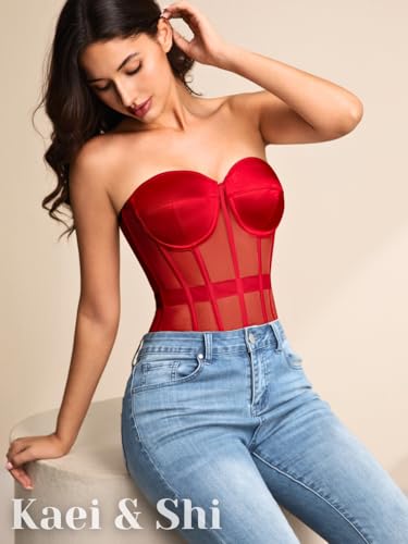 Image of Kaei&Shi Sheer Mesh Overbust Corset,Sexy Strapless Lace Up Satin Bra Corsets Top For Women Shapewear