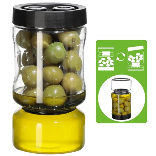 Cozary Tarro de Cristal para Encurtidos, 930ml Tarro de Pepinillos con Colador, Función de Separación en Seco/Húmedo, Prueba de Fugas, para Aceitunas, Jalapeños, Remolacha, Negro