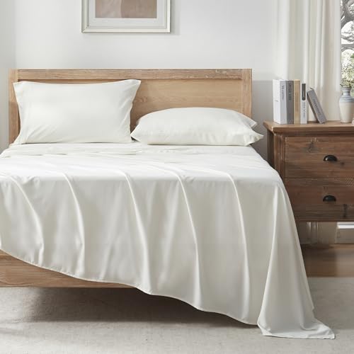 Image of Andency Ivory Full Sheets Set 100% Viscose Derived from Bamboo | Cooling Summer Sheets, Deep Pocket Up to 16 inch, Silky Soft Hotel Luxury Breathable Bedding Sheets & Pillowcases