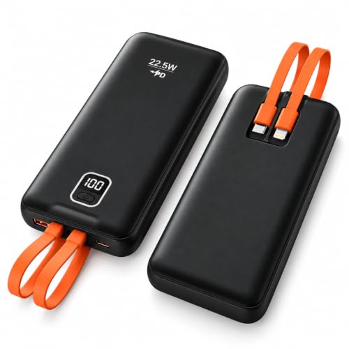 Power Bank 10000mAh Carregamento Rápido até 22.5W com Cabos Integrados, Carregador Portátil Universal com Display LED, USB-A e USB-C para Celular, Tablet e Viagens