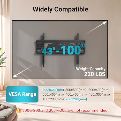 Image of BONTEC Fixed TV Wall Mount for 43 to 100 Inch TVs, Low Profile Design, Space-Saving 0.9'' from Wall, Heavy Duty One-Piece Bracket up to 220 lbs, Max VESA 800x600mm, Fits 16'' /24'' /32'' Wood Studs