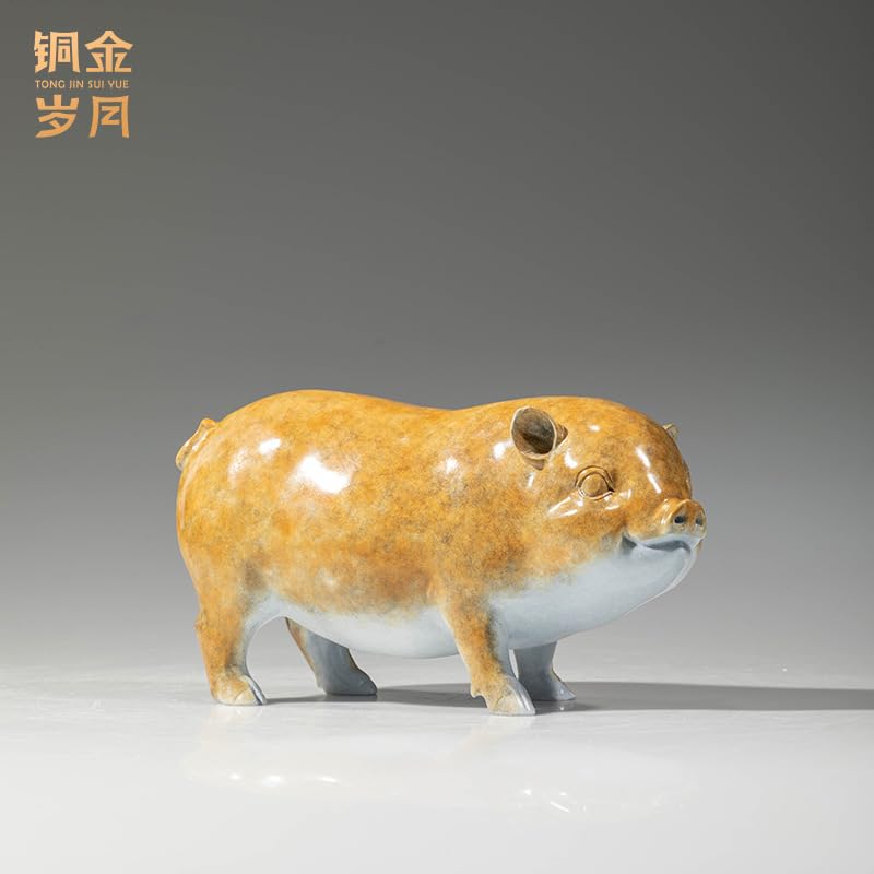 Figurka z mosiądzu Tongyifang Fortune Pig – statua chińskiej świni zodiaku, dekoracja na biurko z litego mosiądzu do salonu, gabinetu i biura, 9,45 "dł. x 3,74" szer. x 5,31 "wys.