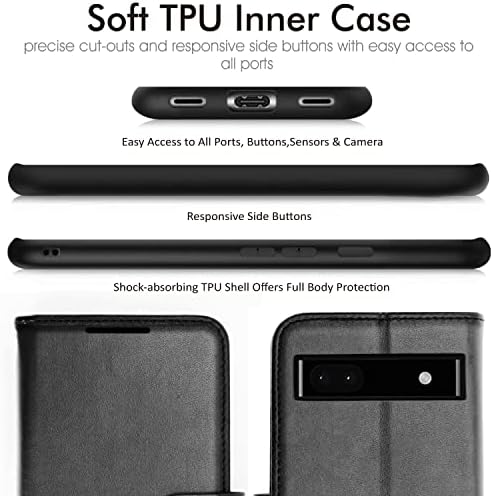 TECHGEAR Pixel 6a Leather Wallet Case, Flip Protective Case Cover with Wallet Card Holder, Stand and Wrist Strap - Black PU Leather with Magnetic Closure Designed For Google Pixel 6a