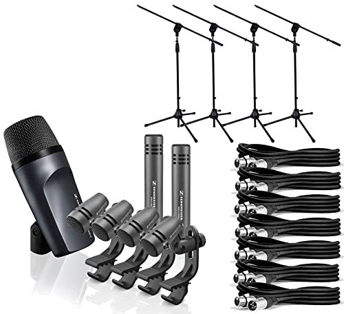 Sennheiser 7- Piece Dynamic Drum Microphone Pack - Kick Bass, Tom/Snare & Cymbals Microphone Set - For Drums Instrument - Complete With Adjustable Rim-Clips & Case, Lyxpro Mic Stands And Xlr Cables #TOP22